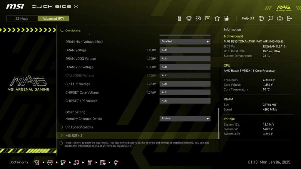 MSI MAG B850 TOMAHAWK MAX WIFI UEFI/BIOS Screenshot