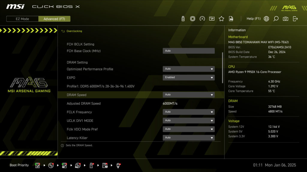 MSI MAG B850 TOMAHAWK MAX WIFI UEFI/BIOS Screenshot