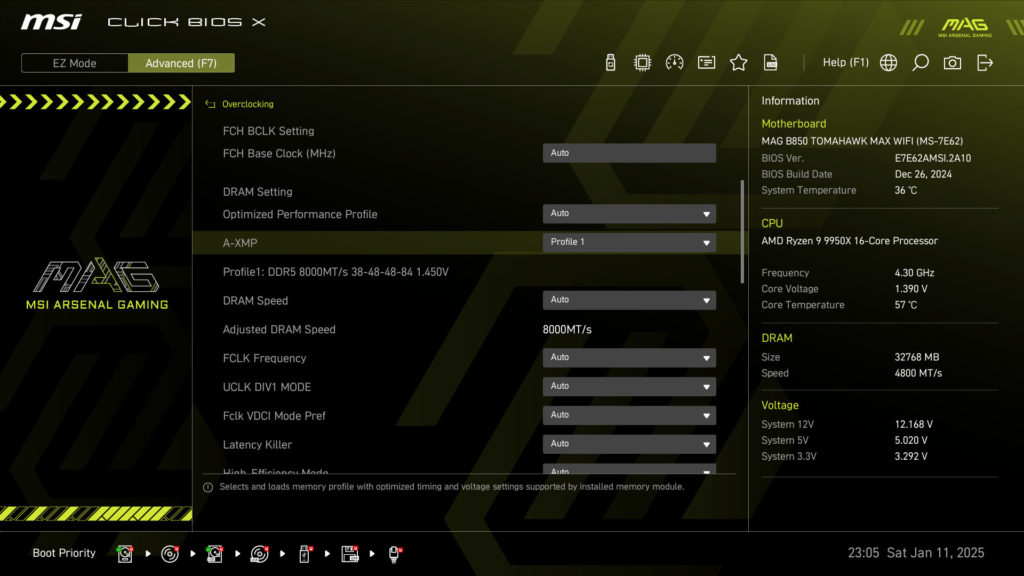 MSI MAG B850 TOMAHAWK MAX WIFI UEFI/BIOS Screenshot