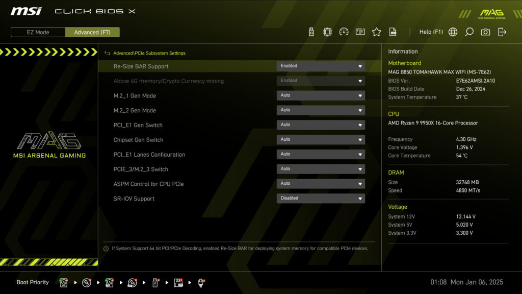 MSI MAG B850 TOMAHAWK MAX WIFI UEFI/BIOS Screenshot