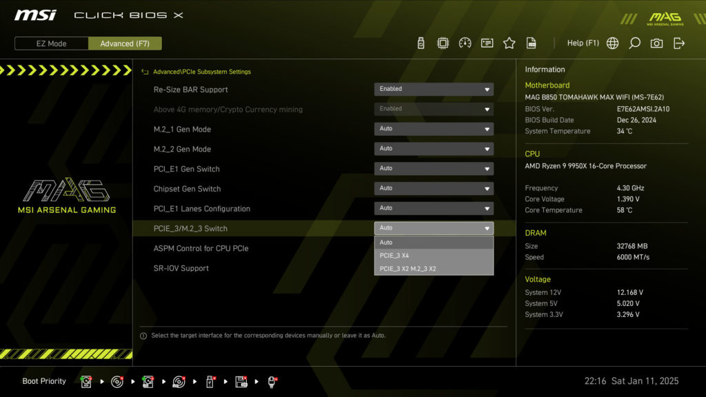 MSI MAG B850 TOMAHAWK MAX WIFI UEFI/BIOS Screenshot