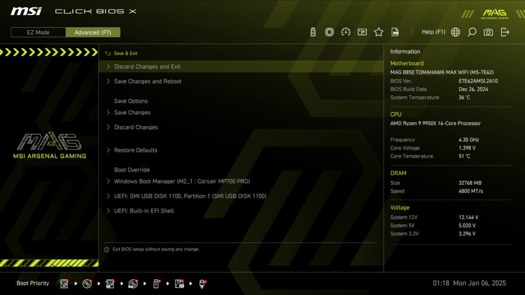 MSI MAG B850 TOMAHAWK MAX WIFI UEFI/BIOS Screenshot
