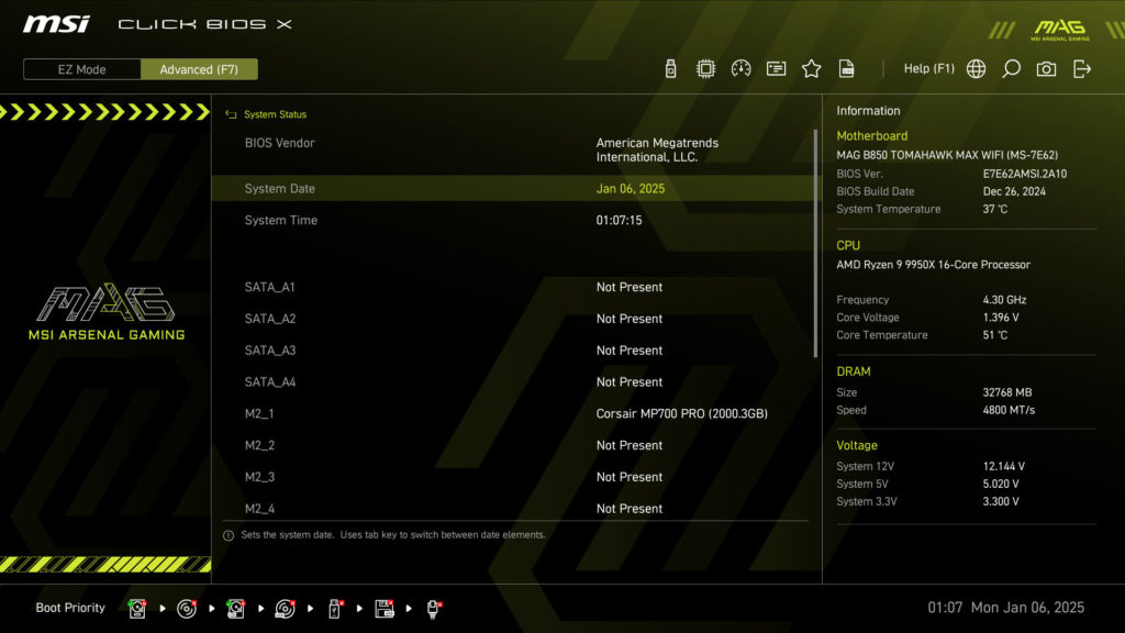 MSI MAG B850 TOMAHAWK MAX WIFI UEFI/BIOS Screenshot