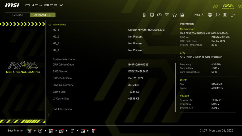 MSI MAG B850 TOMAHAWK MAX WIFI UEFI/BIOS Screenshot