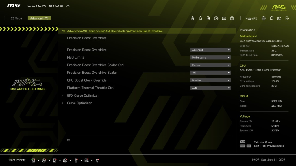 MSI MAG X870 TOMAHAWK WiFi motherboard: BIOS screenshot