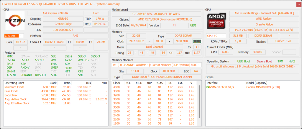 GIGABYTE B850 AORUS ELITE WIFI7 HWiNFO64 Screenshot