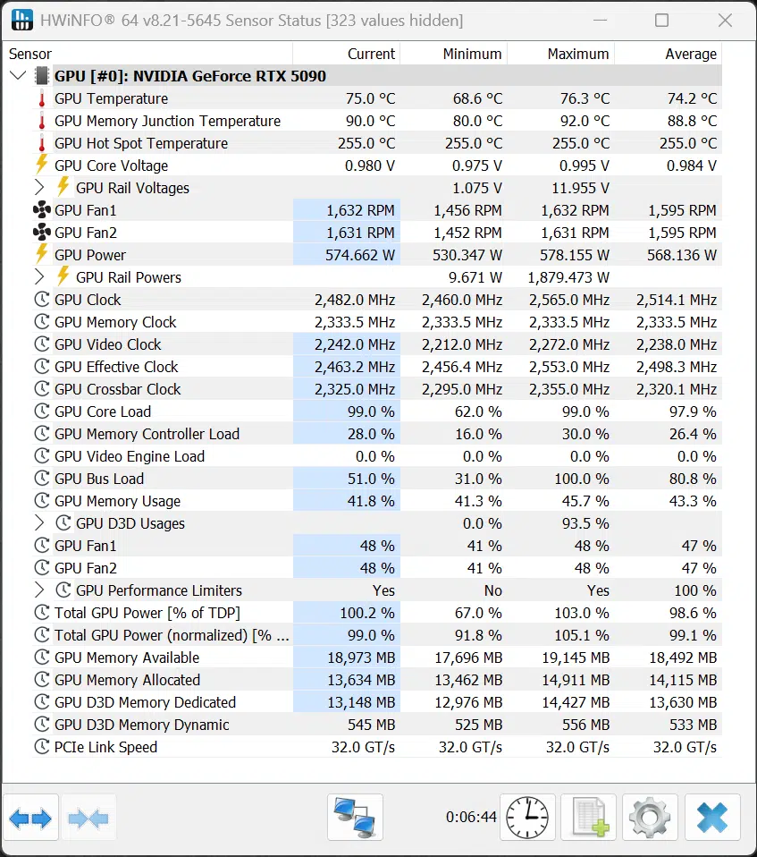 GeForce RTX 5090 FE Ray Tracing HWiNFO64 Screenshot