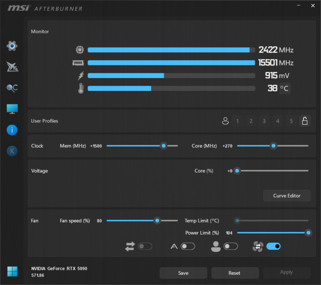 NVIDIA GeForce RTX 5090 Founders Edition MSI Afterburner Overclocked Screenshot
