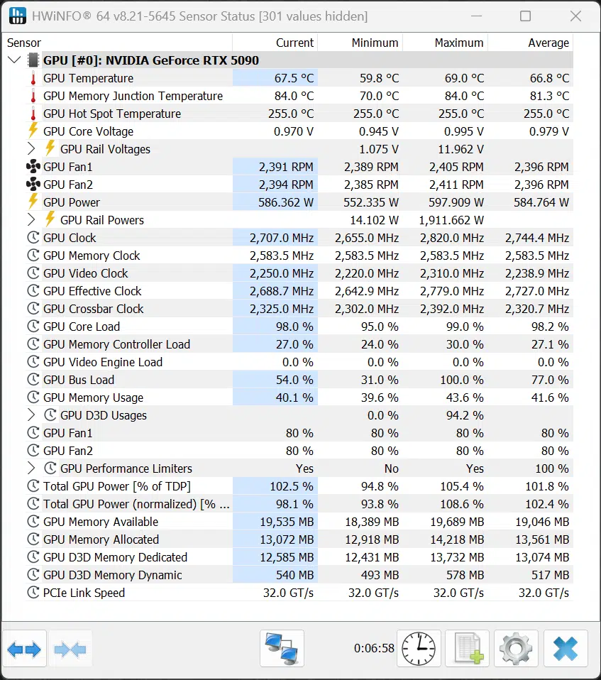 HWiNFO64 Screenshot Overclocked GeForce RTX 5090 Founders Edition
