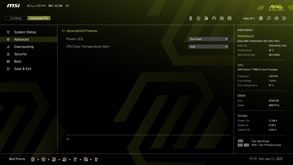MSI MAG X870 TOMAHAWK WiFi motherboard: BIOS screenshot