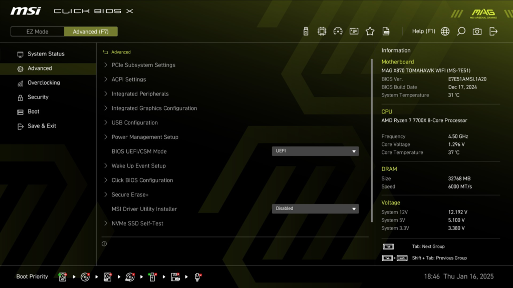 MSI MAG X870 TOMAHAWK WiFi motherboard: BIOS screenshot