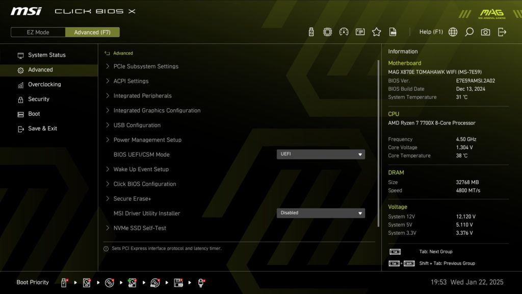 MSI MAG X870E TOMAHAWK WiFi motherboard: BIOS screenshot