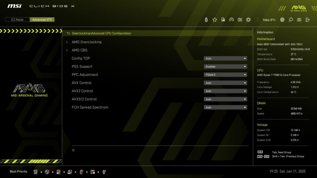 MSI MAG X870 TOMAHAWK WiFi motherboard: BIOS screenshot