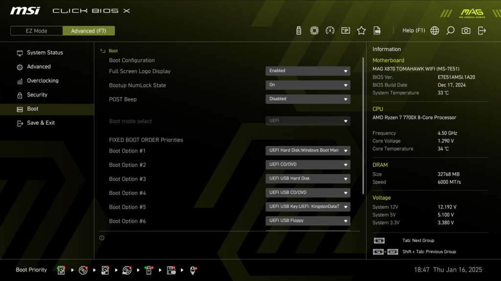 MSI MAG X870 TOMAHAWK WiFi motherboard: BIOS screenshot