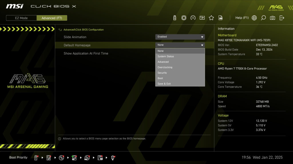 MSI MAG X870E TOMAHAWK WiFi motherboard: BIOS screenshot