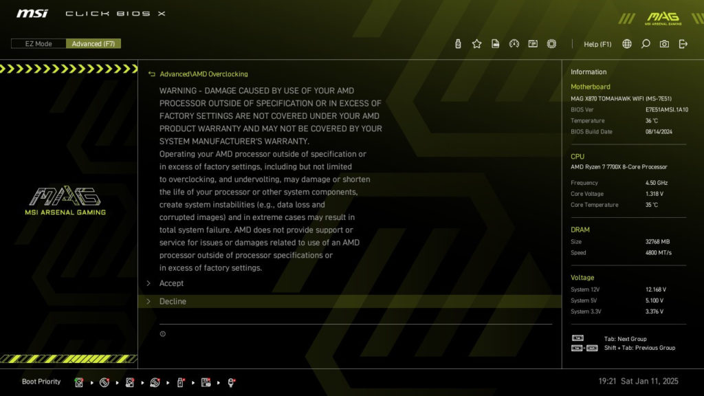 MSI MAG X870 TOMAHAWK WiFi motherboard: BIOS screenshot