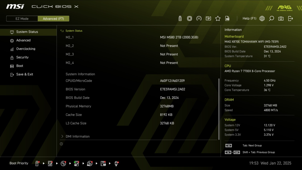MSI MAG X870E TOMAHAWK WiFi motherboard: BIOS screenshot