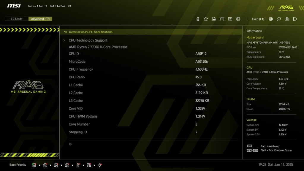 MSI MAG X870 TOMAHAWK WiFi motherboard: BIOS screenshot