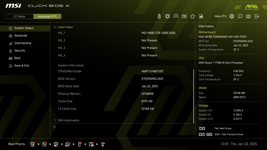 MSI MAG X870E TOMAHAWK WiFi motherboard: BIOS screenshot