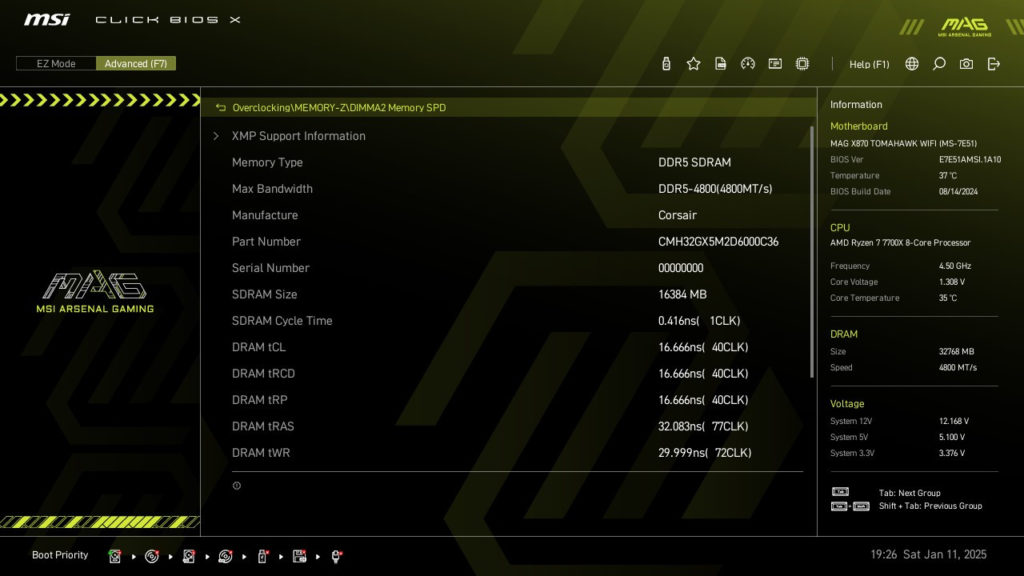 MSI MAG X870 TOMAHAWK WiFi motherboard: BIOS screenshot