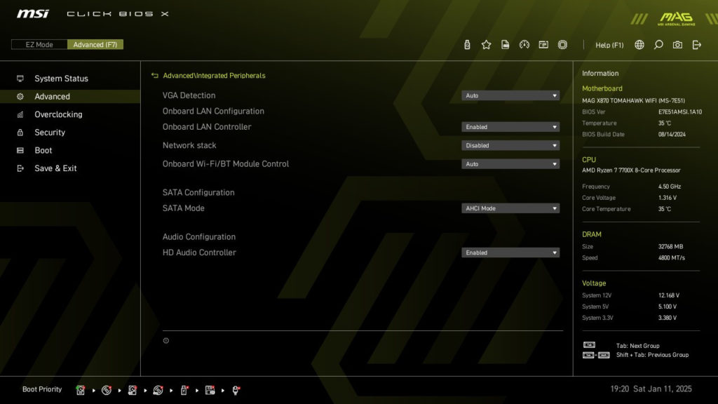 MSI MAG X870 TOMAHAWK WiFi motherboard: BIOS screenshot