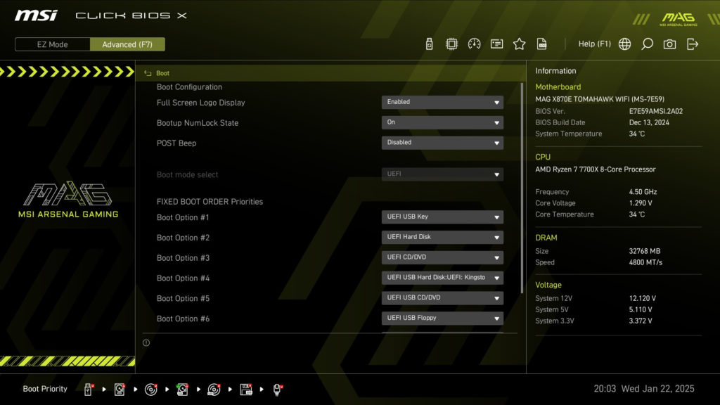 MSI MAG X870E TOMAHAWK WiFi motherboard: BIOS screenshot
