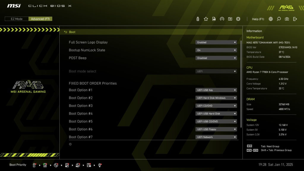 MSI MAG X870 TOMAHAWK WiFi motherboard: BIOS screenshot