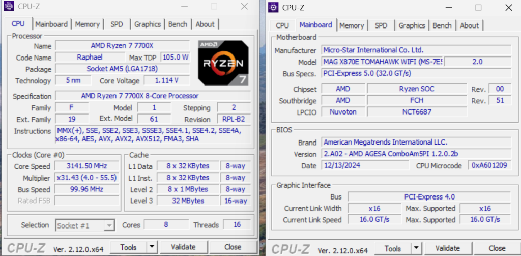 MSI MAG X870E TOMAHAWK WiFi motherboard: cpuz