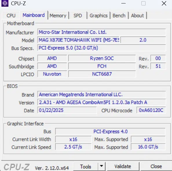MSI MAG X870E TOMAHAWK WiFi motherboard: cpuz