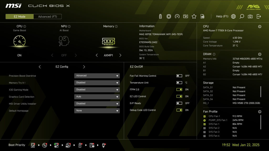 MSI MAG X870E TOMAHAWK WiFi motherboard: BIOS screenshot