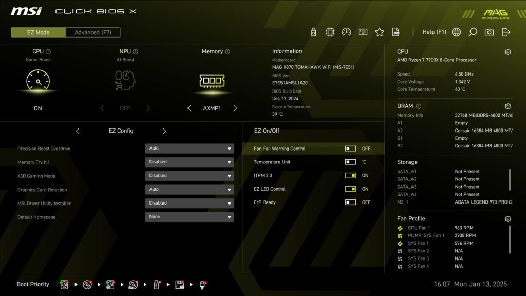 MSI MAG X870 TOMAHAWK WiFi motherboard: BIOS screenshot