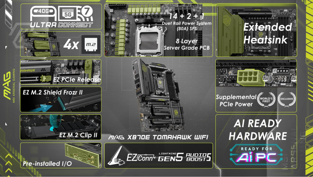 MSI MAG X870E TOMAHAWK WiFi motherboard: feature slide pack