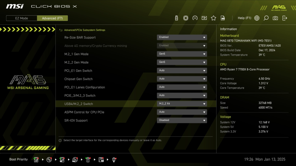 MSI MAG X870 TOMAHAWK WiFi motherboard: BIOS_M.2 switch