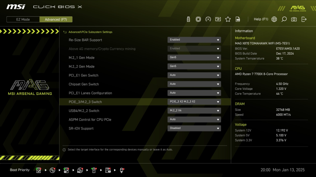 MSI MAG X870 TOMAHAWK WiFi motherboard: BIOS M.2_switch