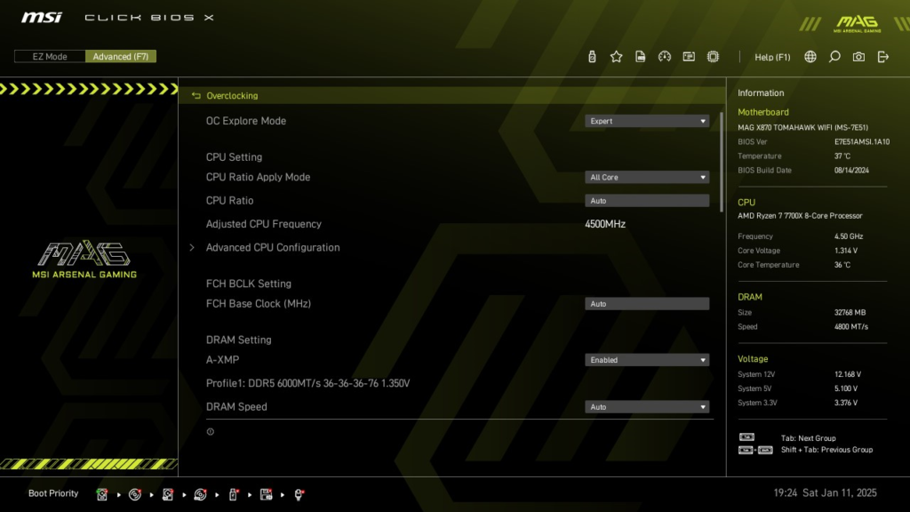 MSI MAG X870 TOMAHAWK WiFi motherboard: BIOS screenshot