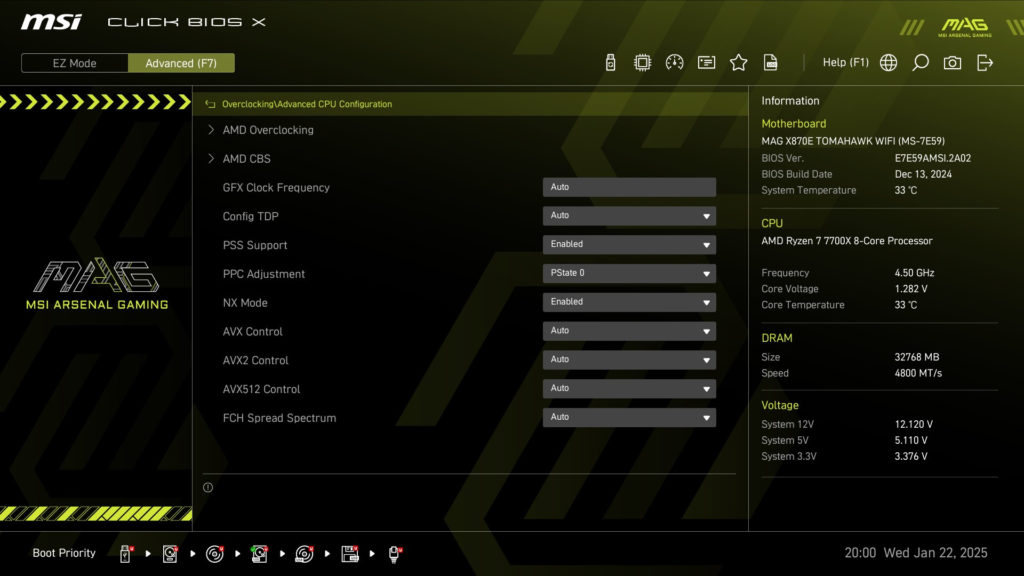 MSI MAG X870E TOMAHAWK WiFi motherboard: BIOS screenshot