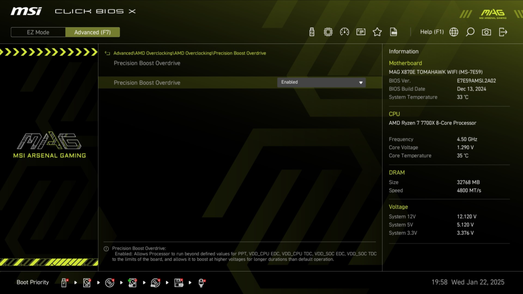 MSI MAG X870E TOMAHAWK WiFi motherboard: BIOS screenshot