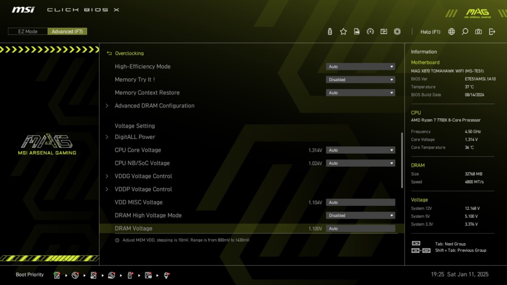 MSI MAG X870 TOMAHAWK WiFi motherboard: BIOS screenshot