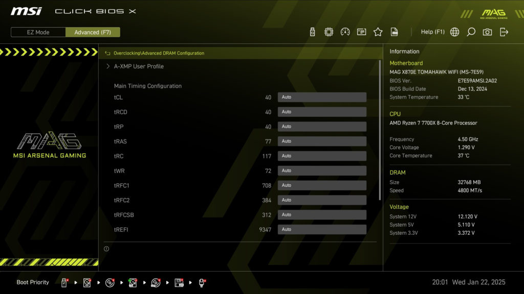 MSI MAG X870E TOMAHAWK WiFi motherboard: BIOS screenshot