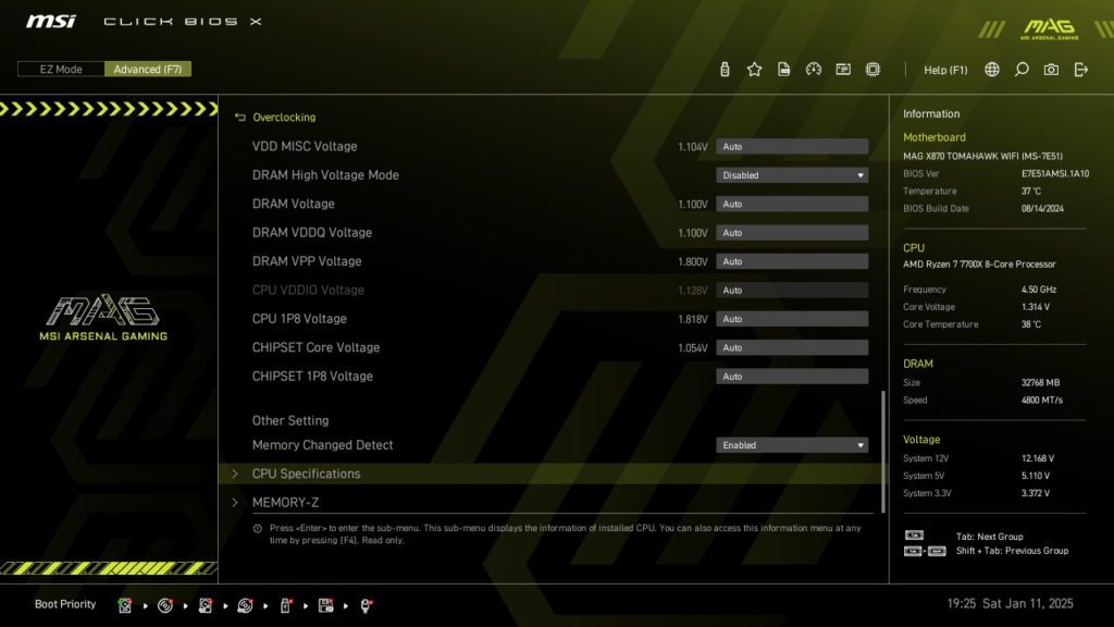 MSI MAG X870 TOMAHAWK WiFi motherboard: BIOS screenshot