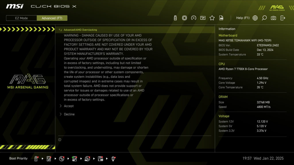 MSI MAG X870E TOMAHAWK WiFi motherboard: BIOS screenshot