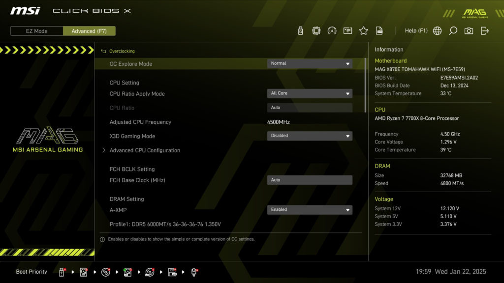 MSI MAG X870E TOMAHAWK WiFi motherboard: BIOS screenshot