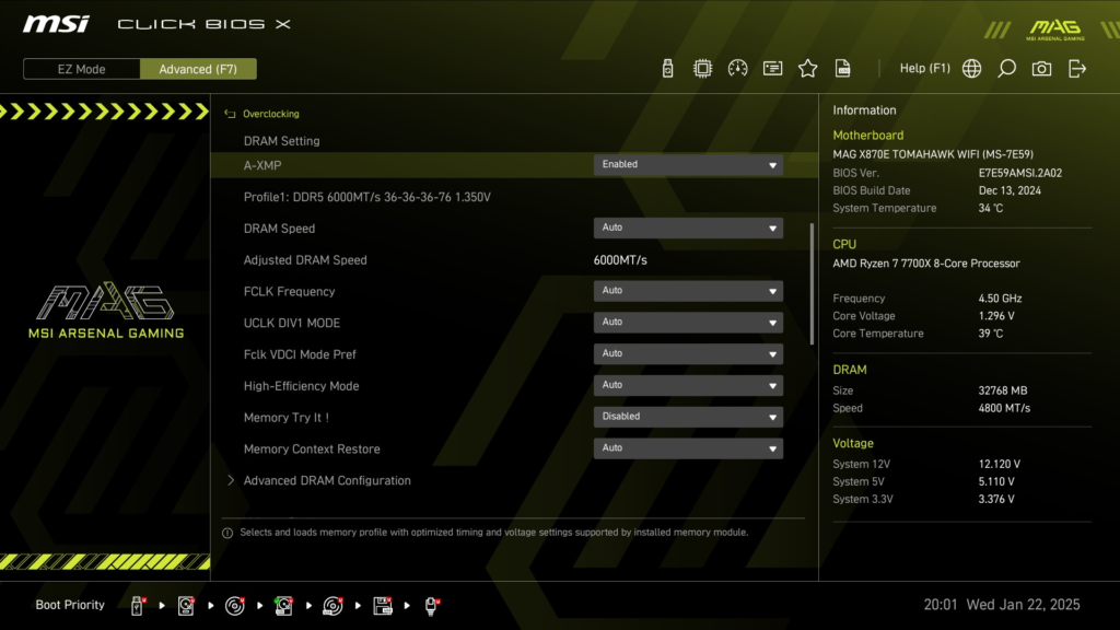 MSI MAG X870E TOMAHAWK WiFi motherboard: BIOS screenshot