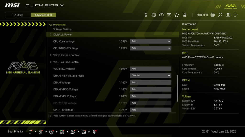 MSI MAG X870E TOMAHAWK WiFi motherboard: BIOS screenshot