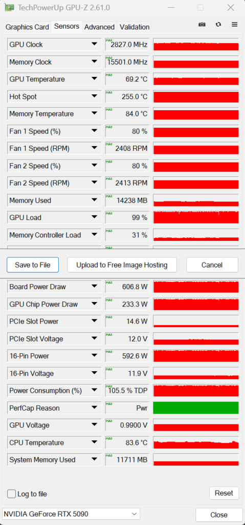 GPU-Z Sensors Screenshot Overclocked GeForce RTX 5090 Founders Edition