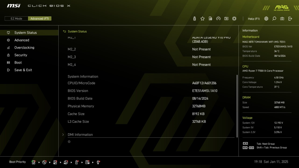MSI MAG X870 TOMAHAWK WiFi motherboard: BIOS screenshot