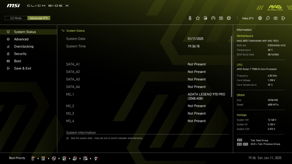 MSI MAG X870 TOMAHAWK WiFi motherboard: BIOS screenshot