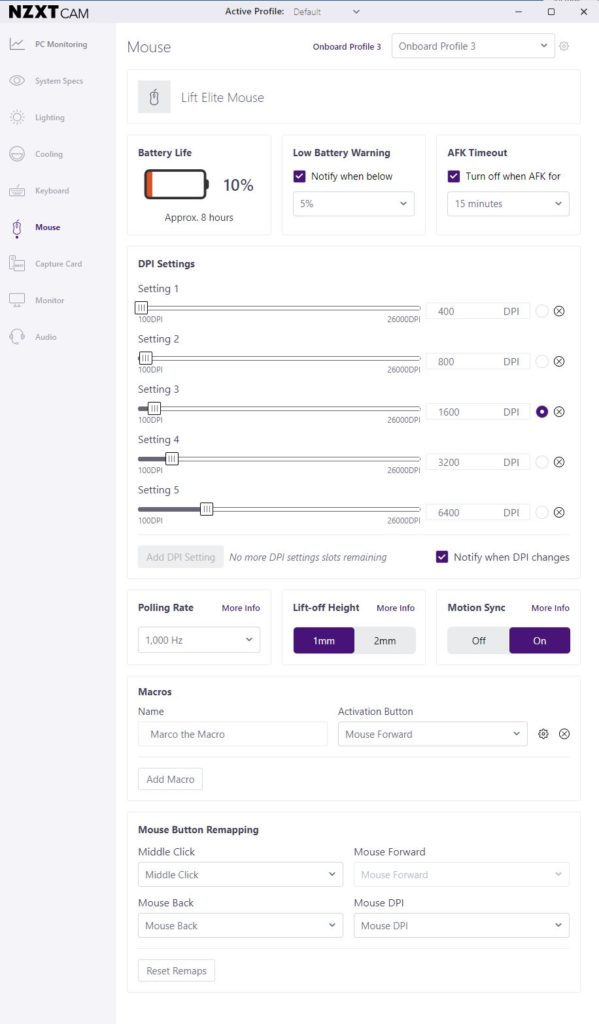 NZXT CAM Software Mouse Options