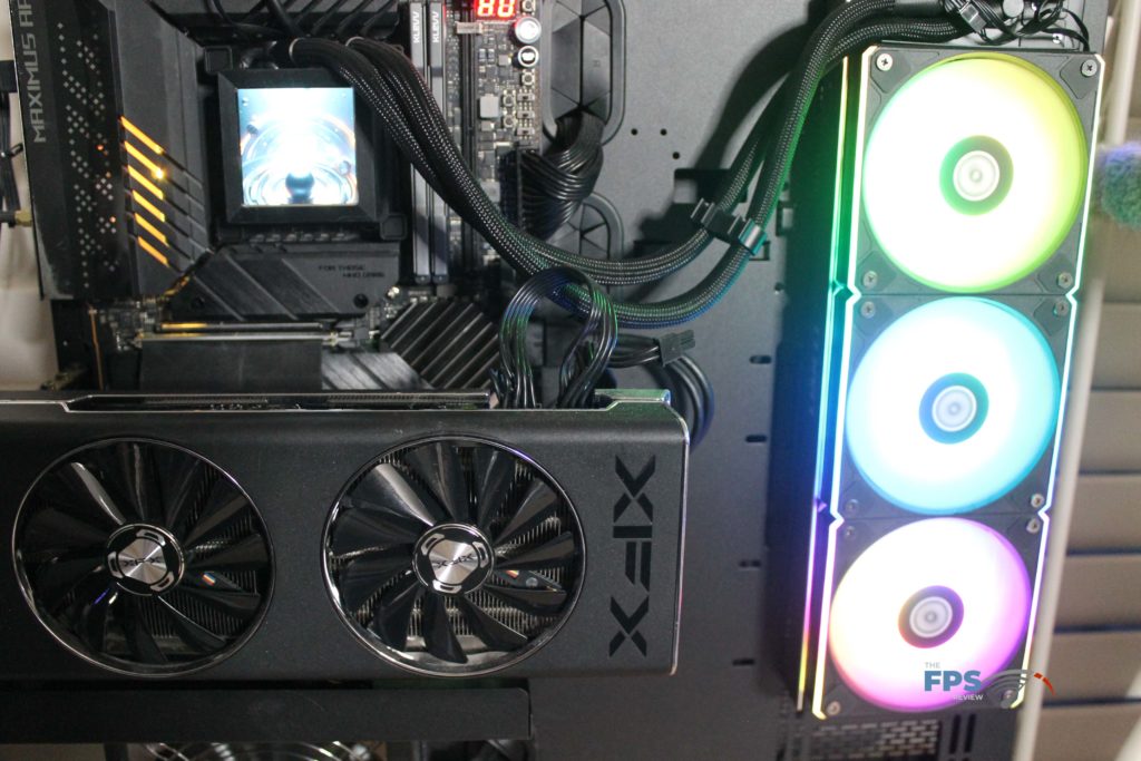 Lian Li Hydroshift LCD 360R installed full view with backlight
