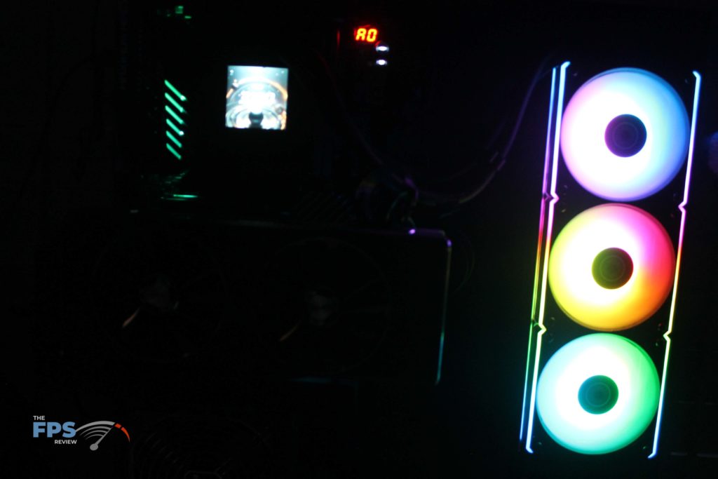 Lian Li Hydroshift LCD 360R installed full view in dark